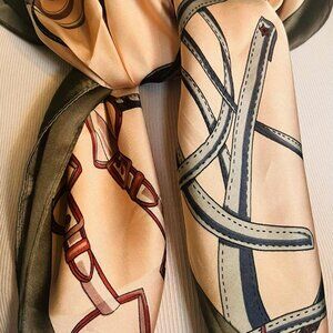 NWT Faux Silk Scarf — Equestrian Belt Print (70×70 cm, Made in China)